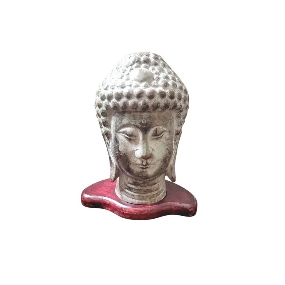 Vintage Green Iron Buddha Bust with‎ Redwood Stand, Asian Decor Zen Meditation